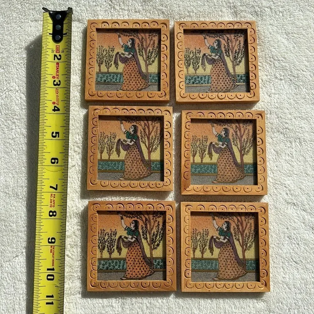 Gemstone Wood Coasters‎ Painted Square Tea India Drink Handmade Wooden Set = 6